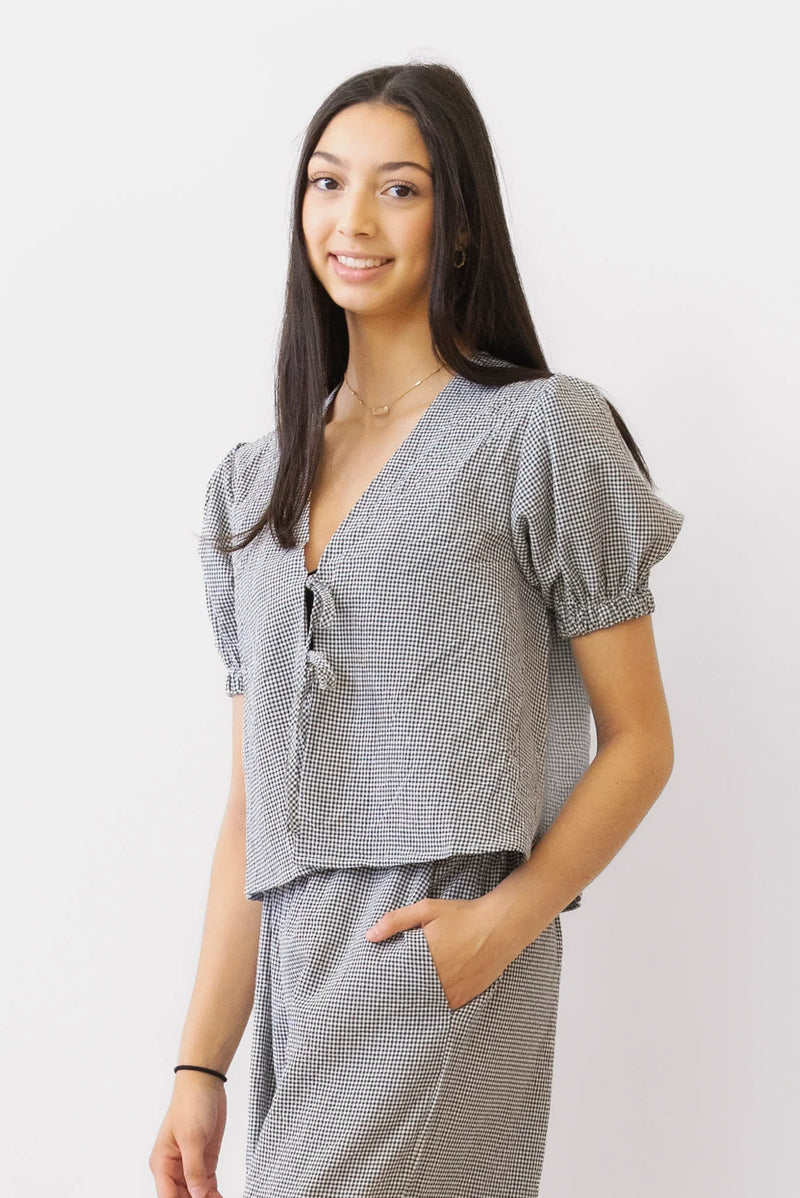 gingham seersucker tie top | black