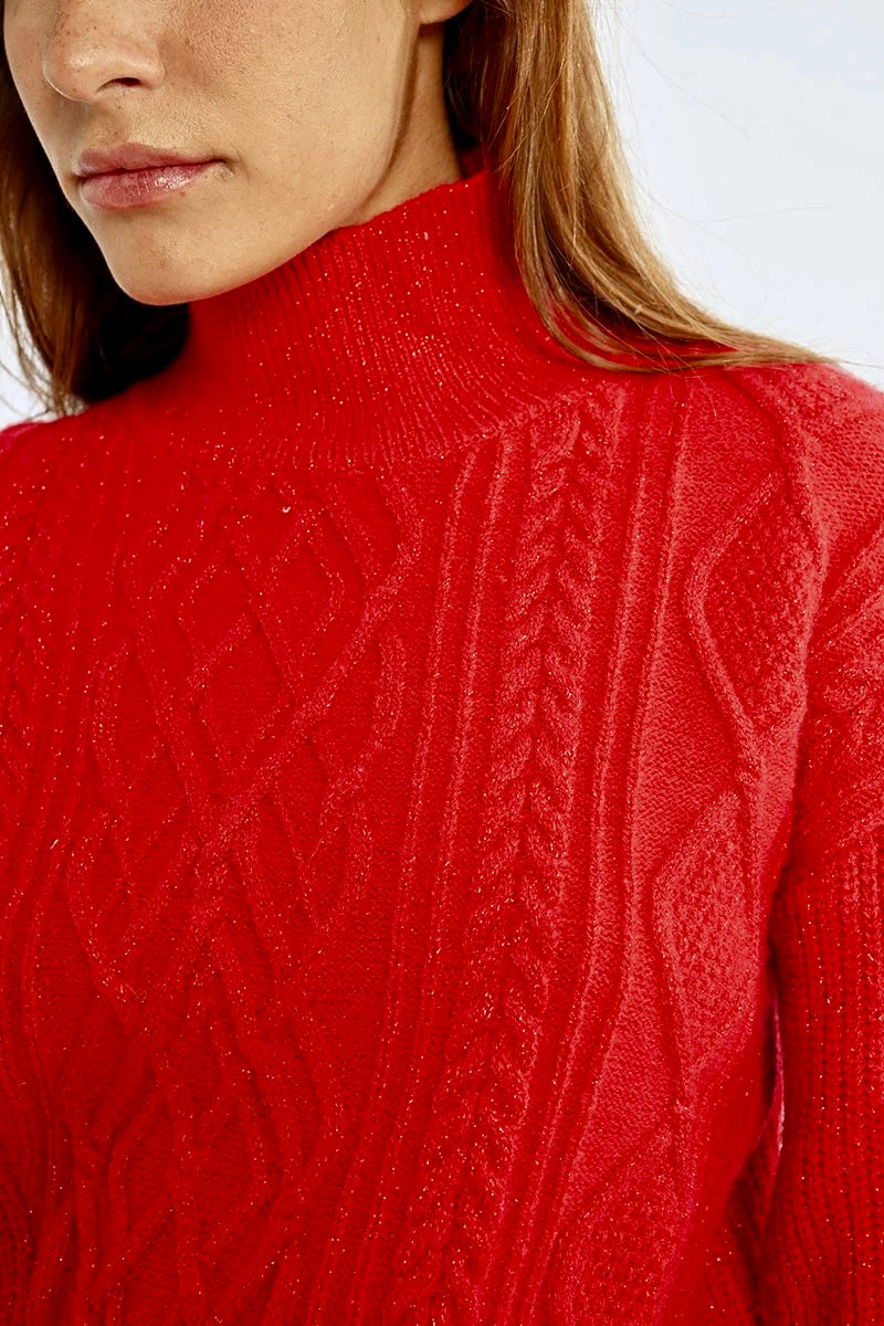 glitzy cable knit sweater | red