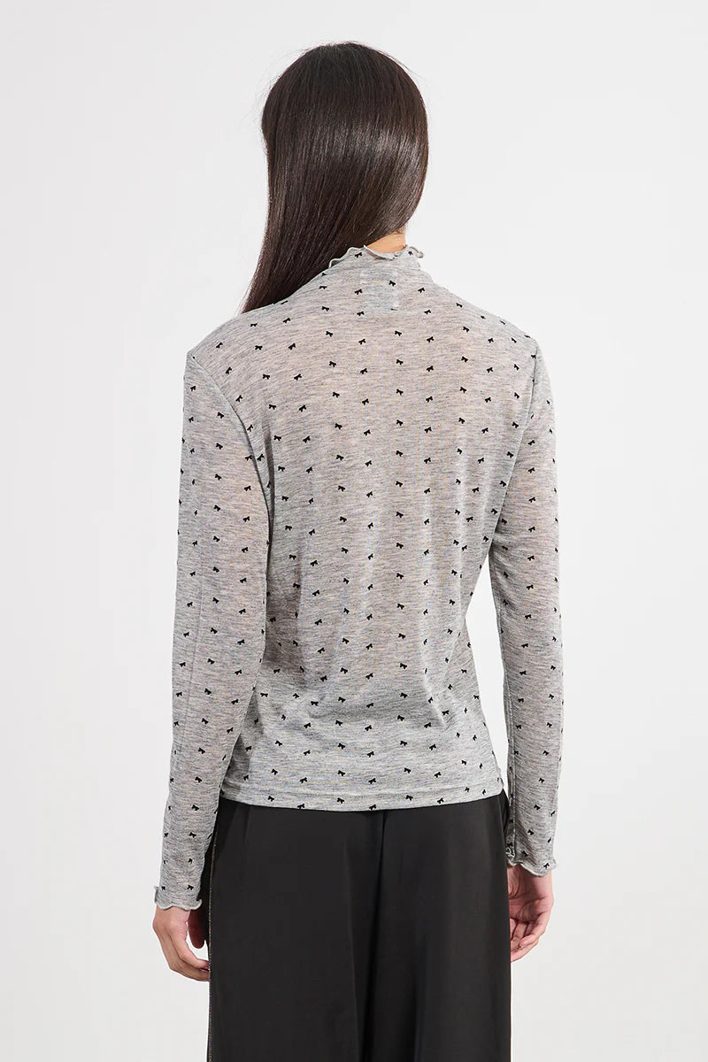 bow ruffled neck top | grey