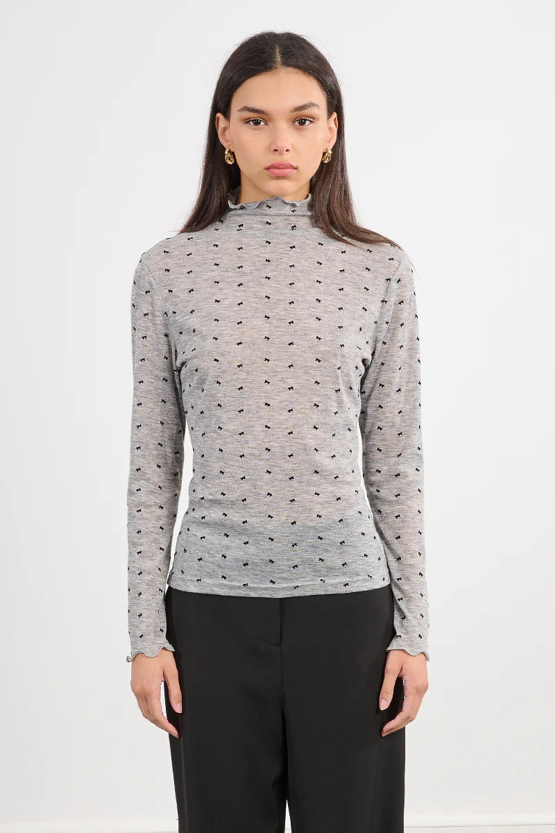 bow ruffled neck top | grey