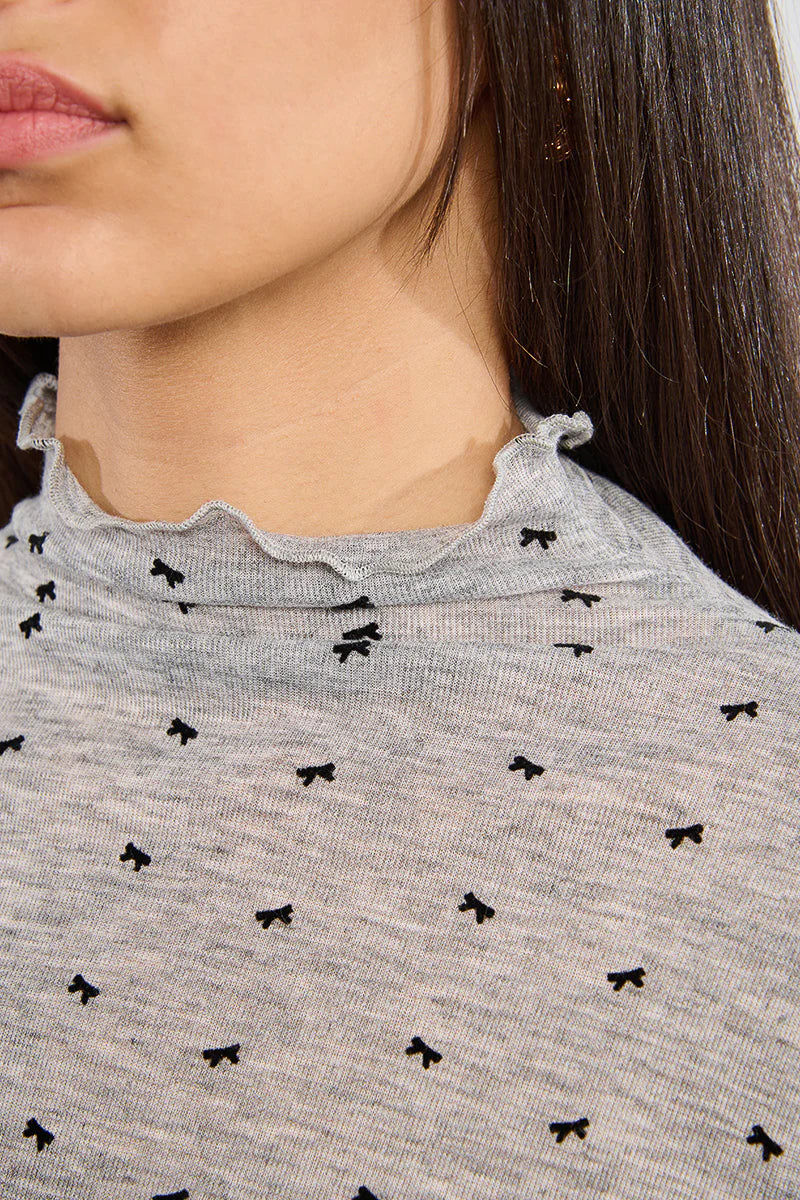 bow ruffled neck top | grey