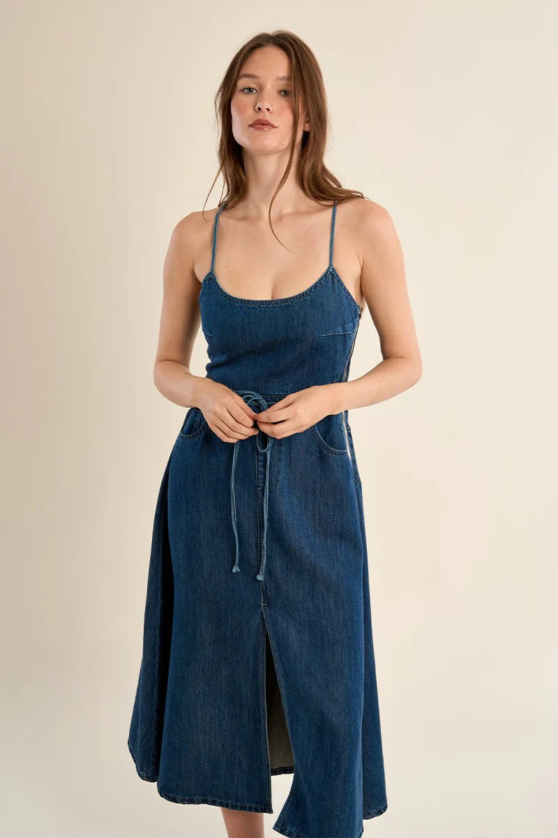 white christmas dresses Denim A-Line Short Dress With Tie Straps