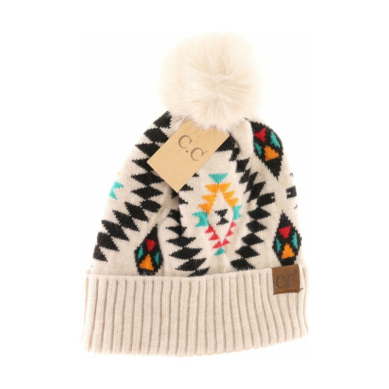 aztec pattern pom beanie