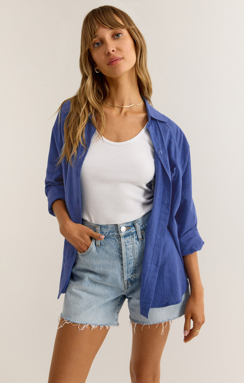 the perfect blue wave linen top