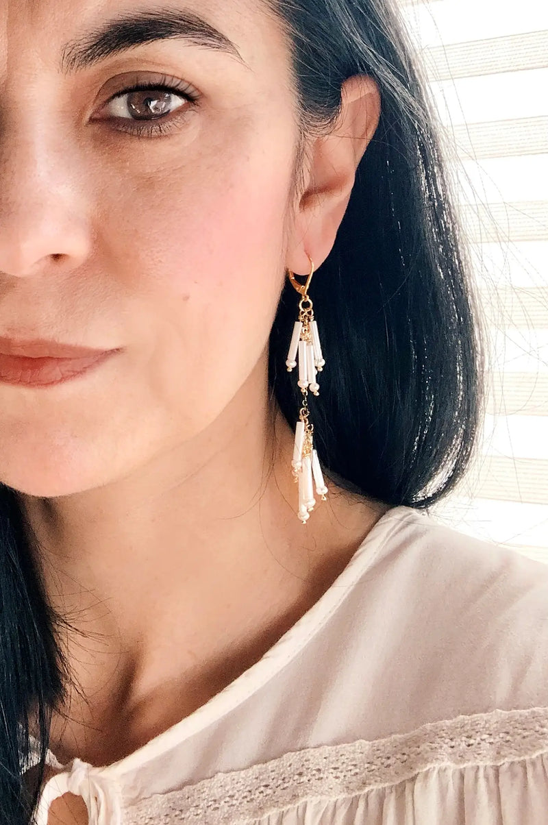 white fringe beaded earrings