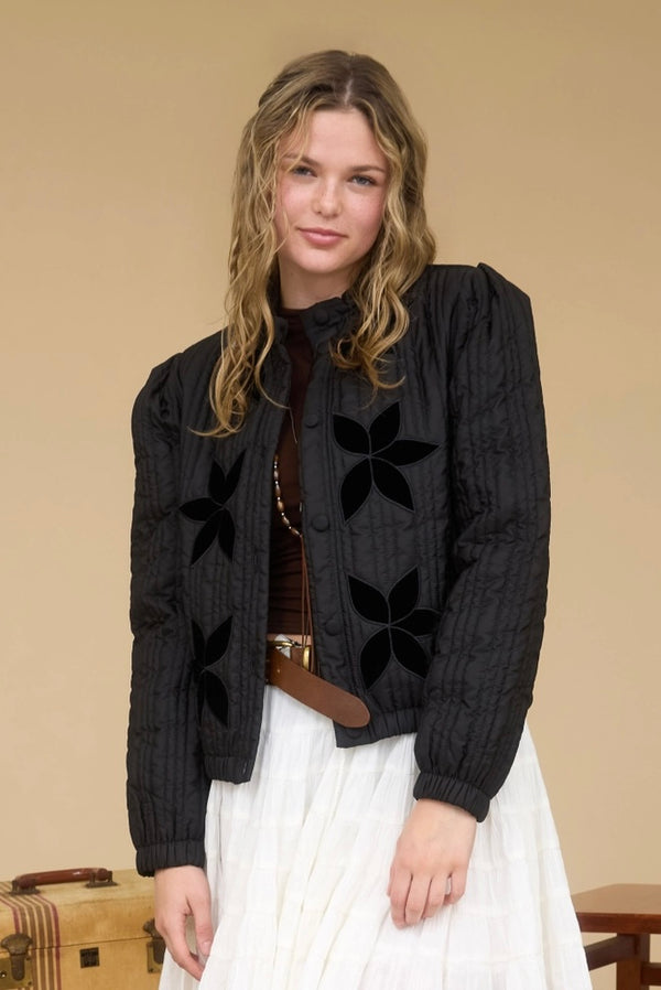 velvet flower quilted puffer | black