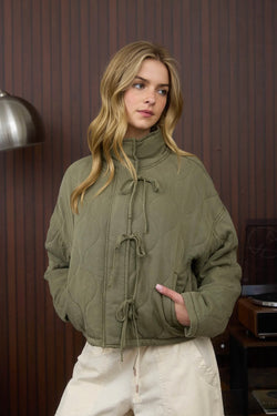 front tie quilted jacket | olive