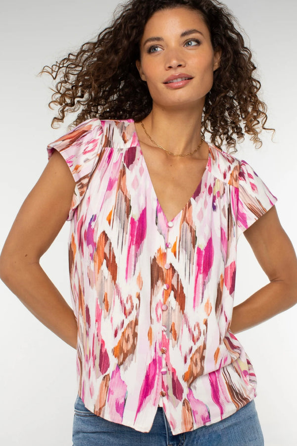 flutter sleeve button front top | pink