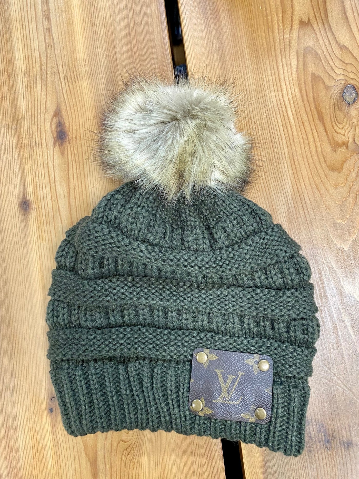 NWT Upcycled Louis Vuitton Blue Gray Knit Beanie with Faux Fur Pom Upcycled Lv Patch Beanie – Beyond Shimmer main image 4