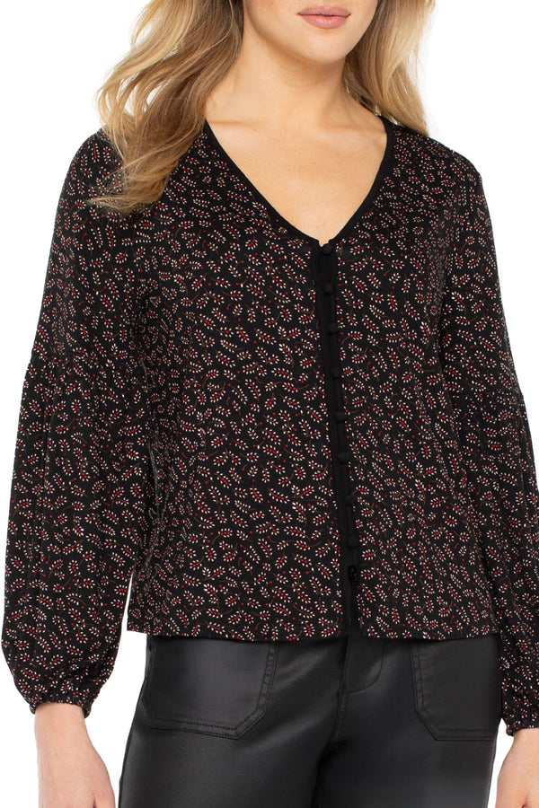 ditsy print button front knit top | blk red
