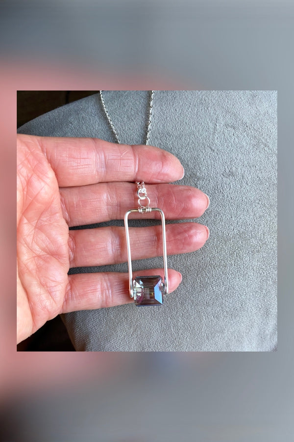 silver rectangle blue crystal necklace