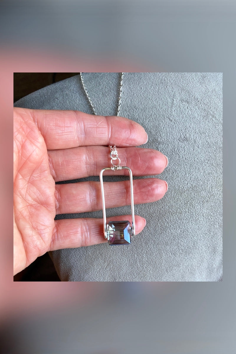 silver rectangle blue crystal necklace