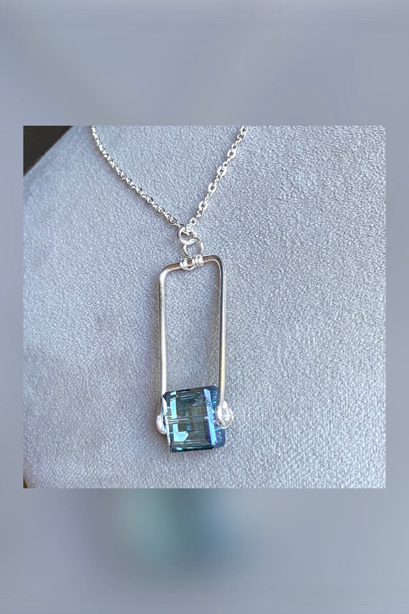 silver rectangle blue crystal necklace