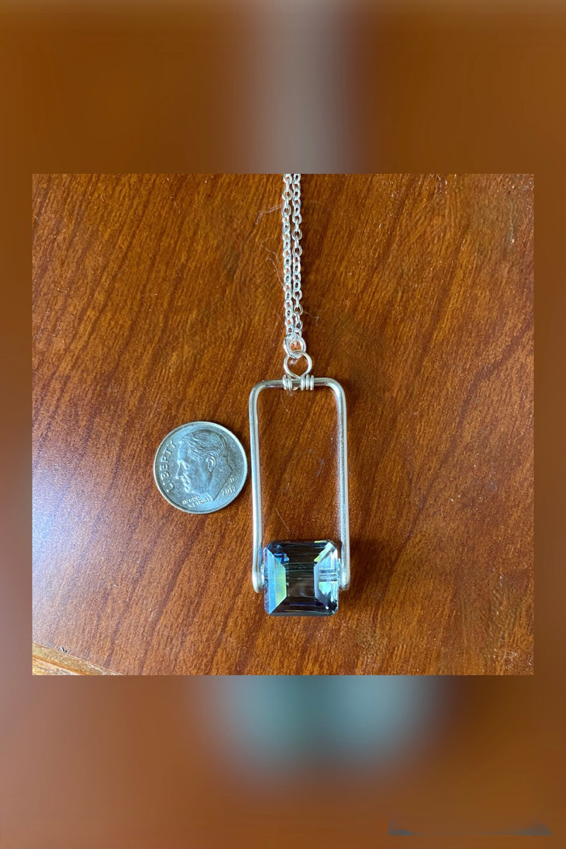 silver rectangle blue crystal necklace