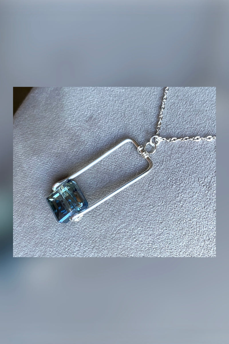 silver rectangle blue crystal necklace