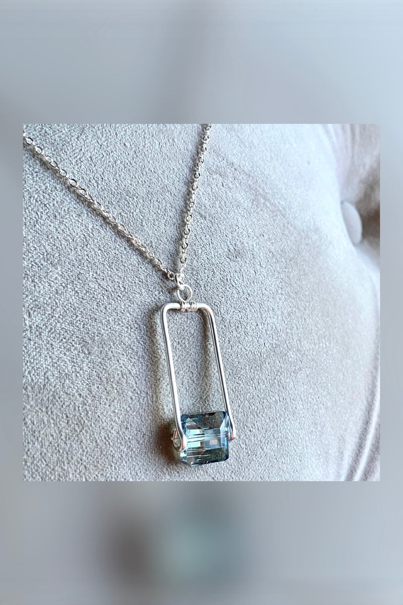 silver rectangle blue crystal necklace
