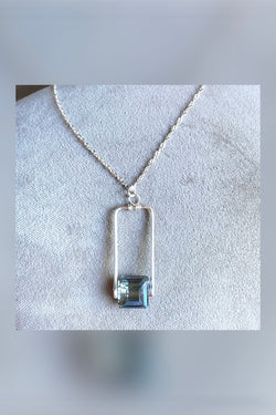 silver rectangle blue crystal necklace