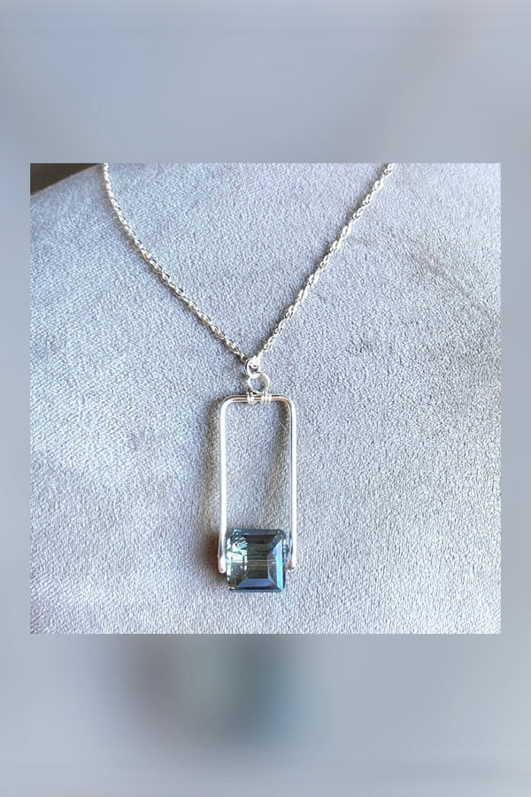 silver rectangle blue crystal necklace
