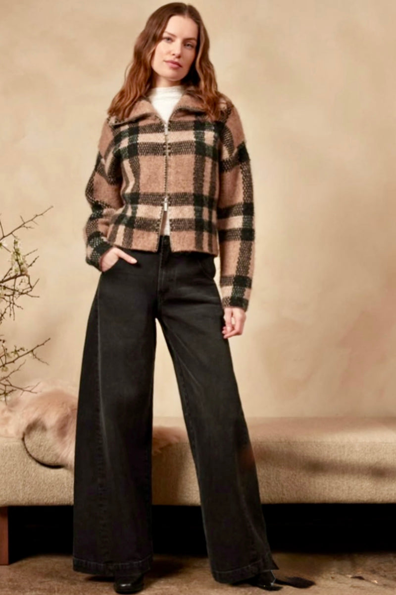 plaid zip front zip jacket | brown