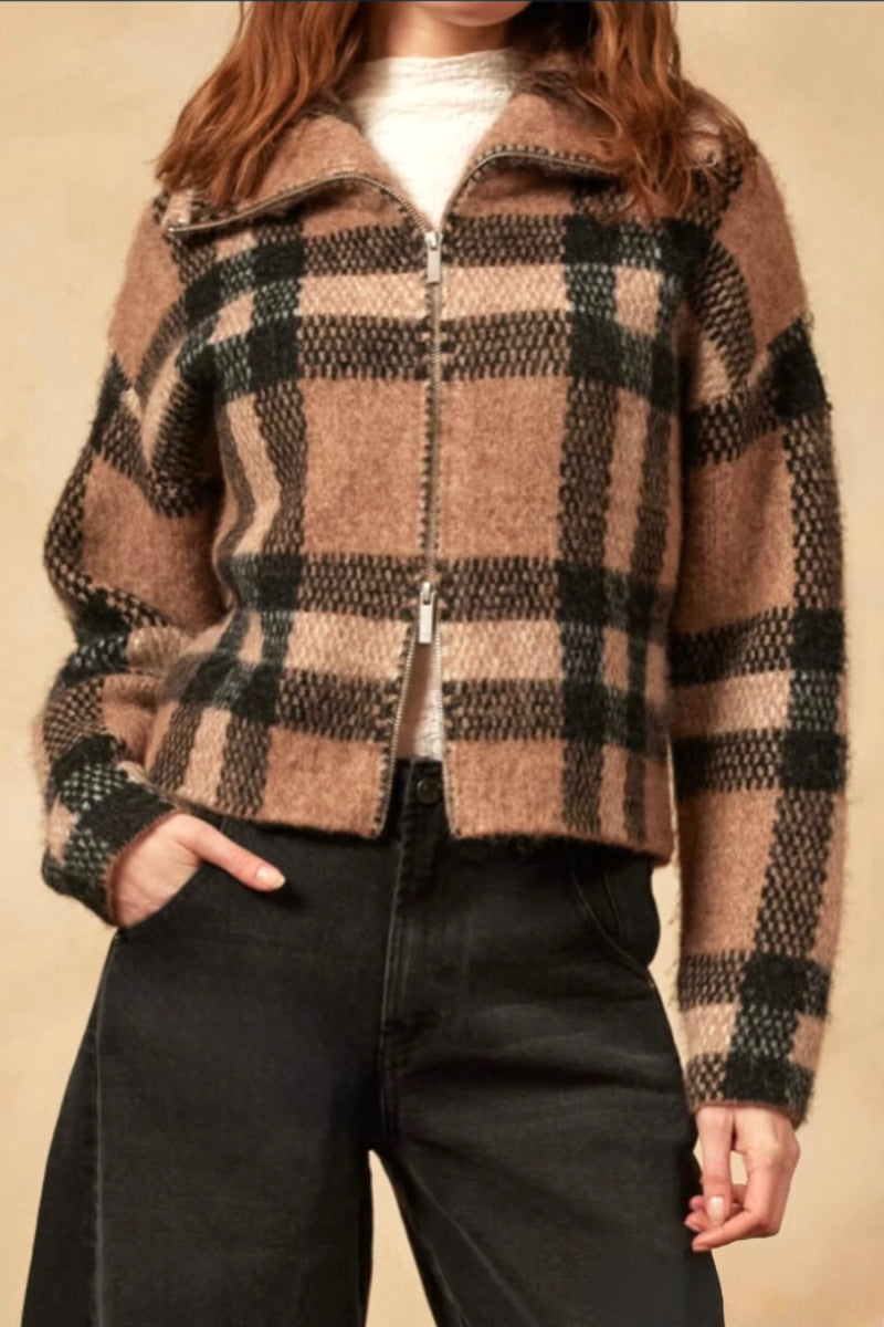plaid zip front zip jacket | brown