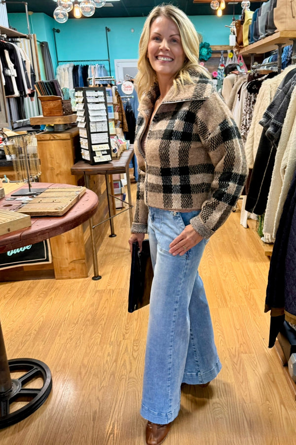 plaid zip front zip jacket | brown
