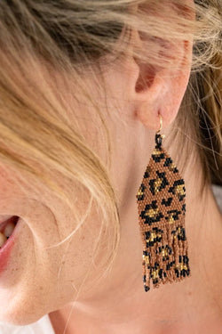 delilah cheetah beaded fringe earrings