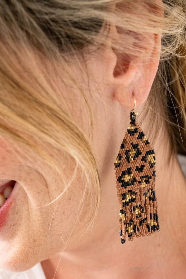 delilah cheetah beaded fringe earrings