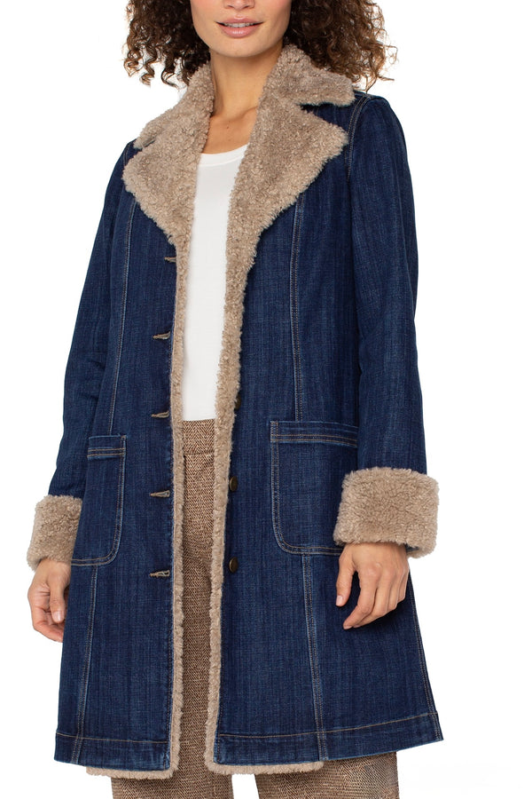 faux shearling trim denim coat