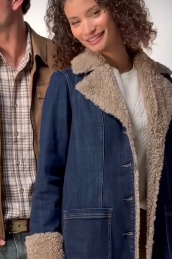 faux shearling trim denim coat