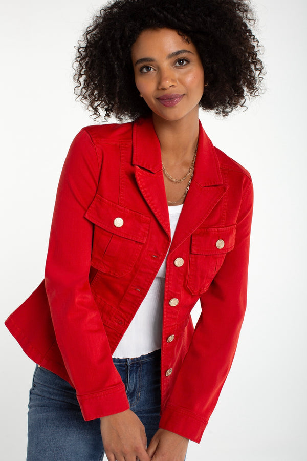 peplum twill trucker jacket | fire brick
