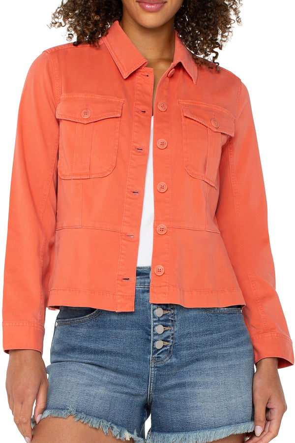 peplum hem trucker jacket | papaya