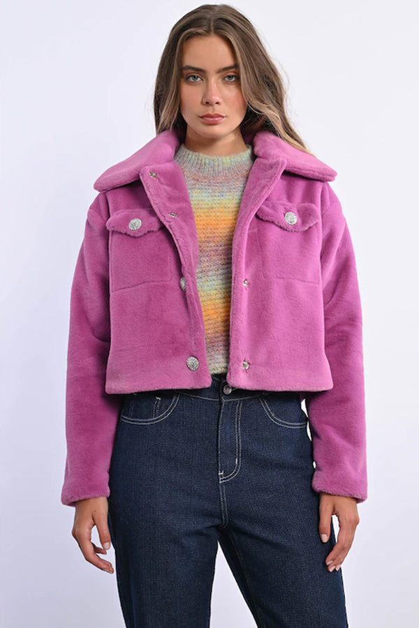 faux fur cropped jacket | pink