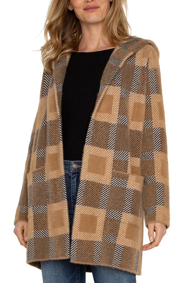 camel check sweater coat with hood