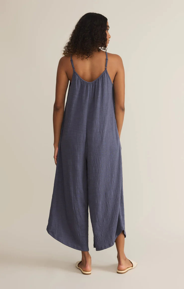 textured flared jumpsuit | blue