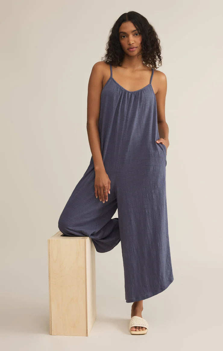 textured flared jumpsuit | blue