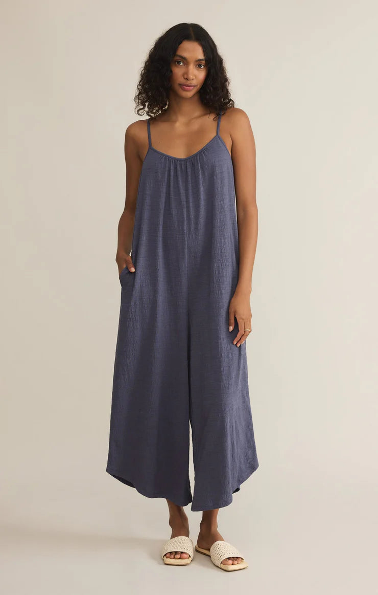 textured flared jumpsuit | blue