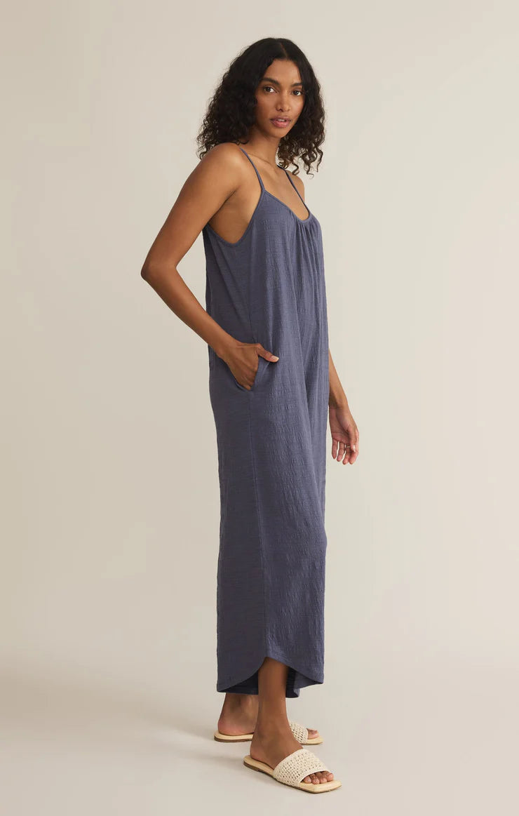 textured flared jumpsuit | blue