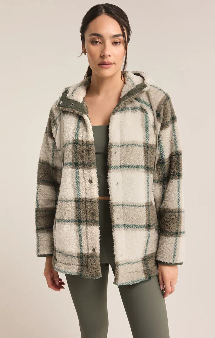 cross country plaid sherpa jacket | winter green