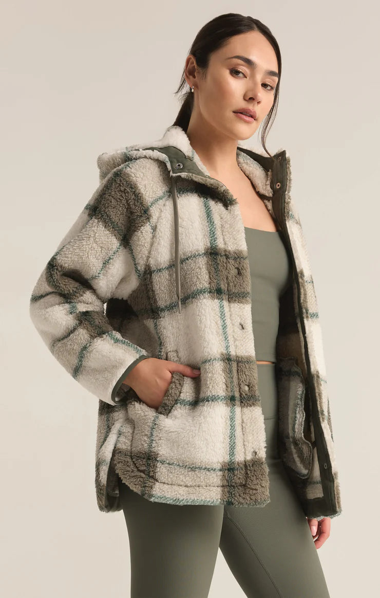 cross country plaid sherpa jacket | winter green