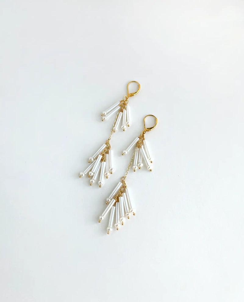 white fringe beaded earrings