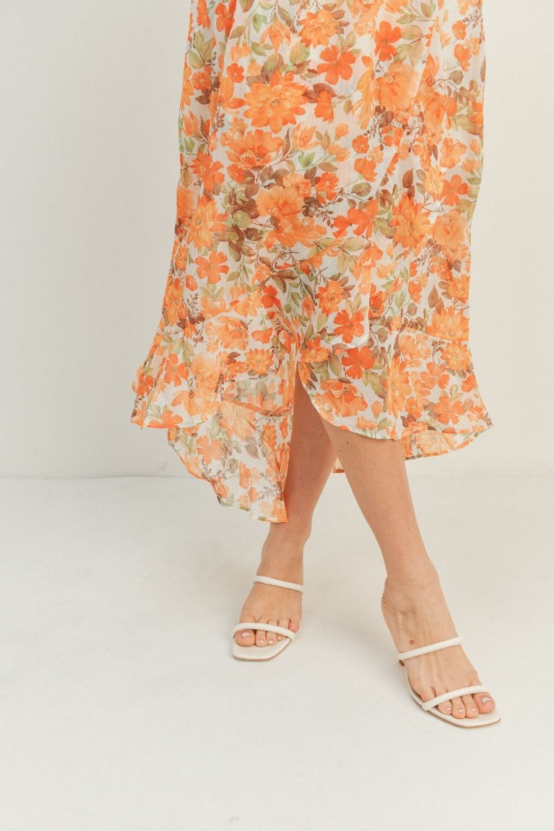 orange floral ruffle dress