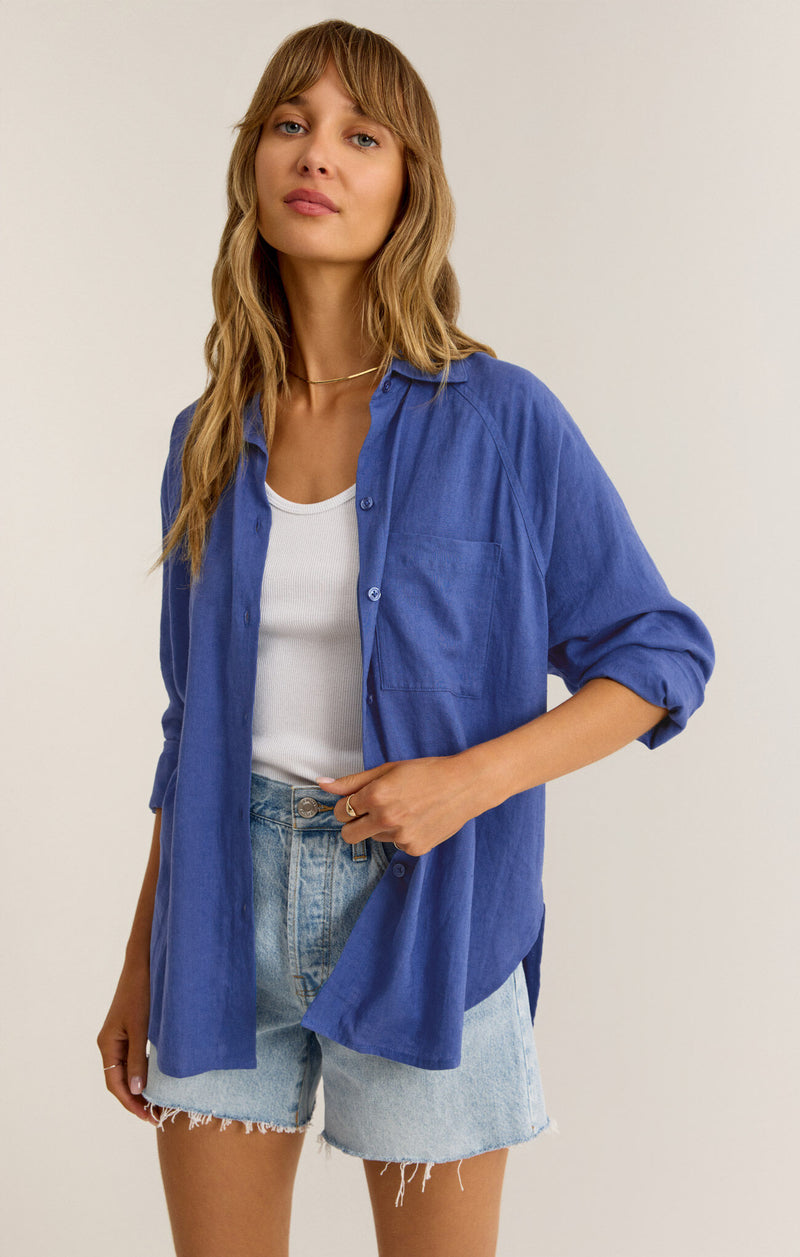 the perfect blue wave linen top