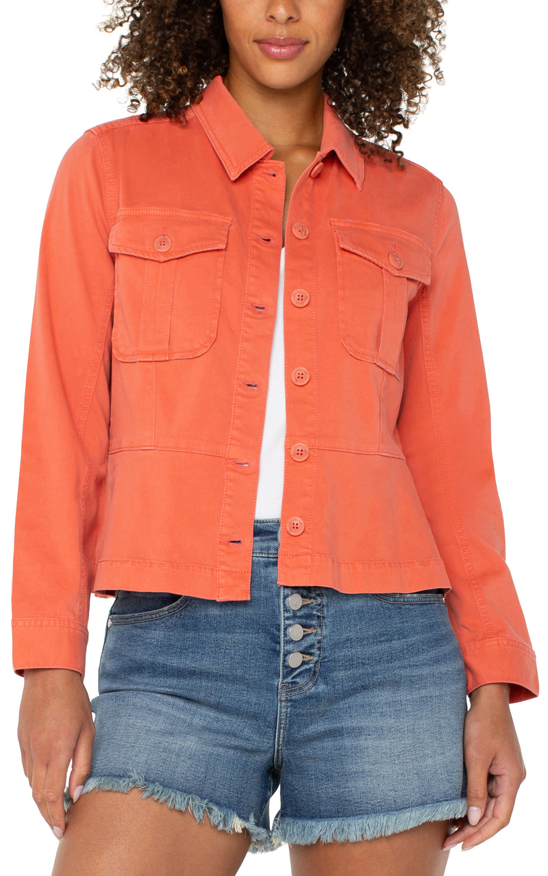 peplum hem trucker jacket | papaya