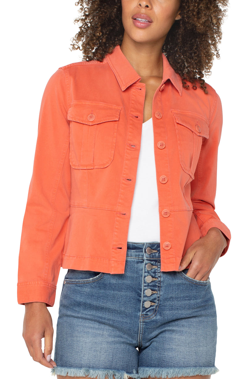 peplum hem trucker jacket | papaya