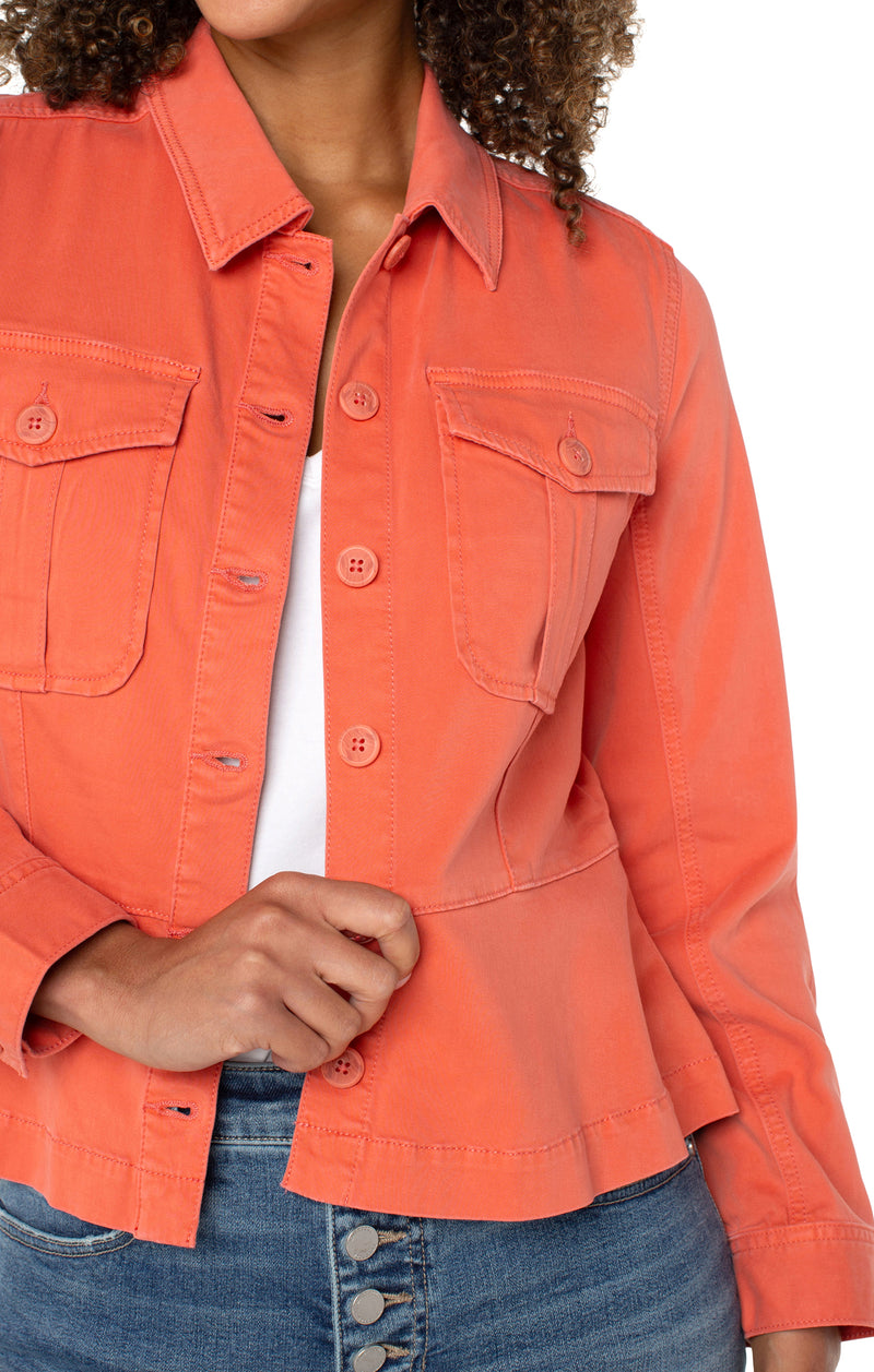 peplum hem trucker jacket | papaya