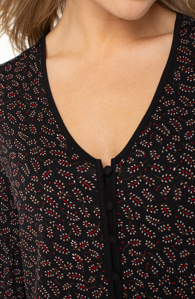 ditsy print button front knit top | blk red