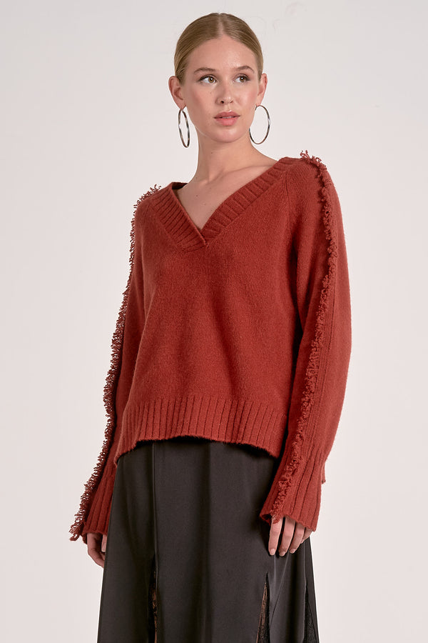 milly fringe sleeve sweater | rust