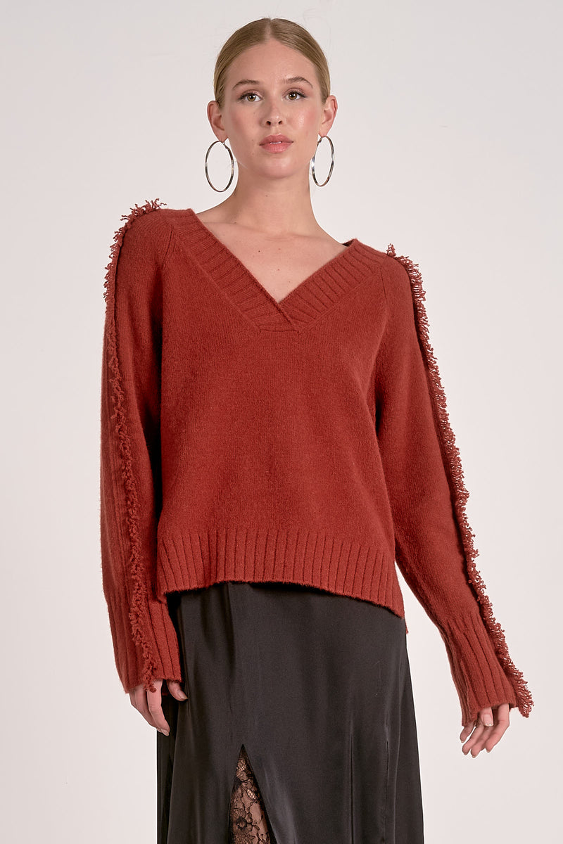 milly fringe sleeve sweater | rust