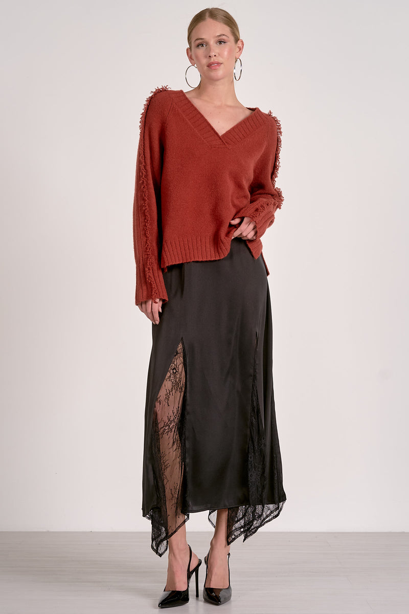 milly fringe sleeve sweater | rust
