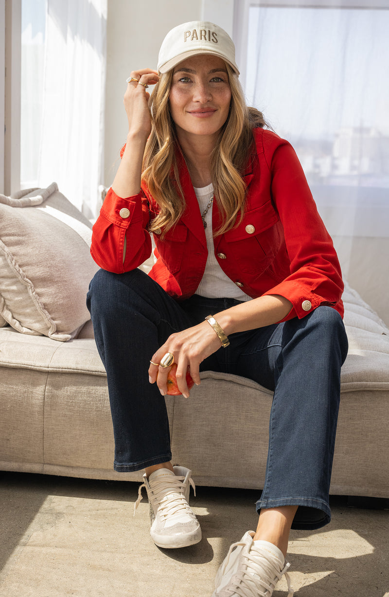 peplum twill trucker jacket | fire brick